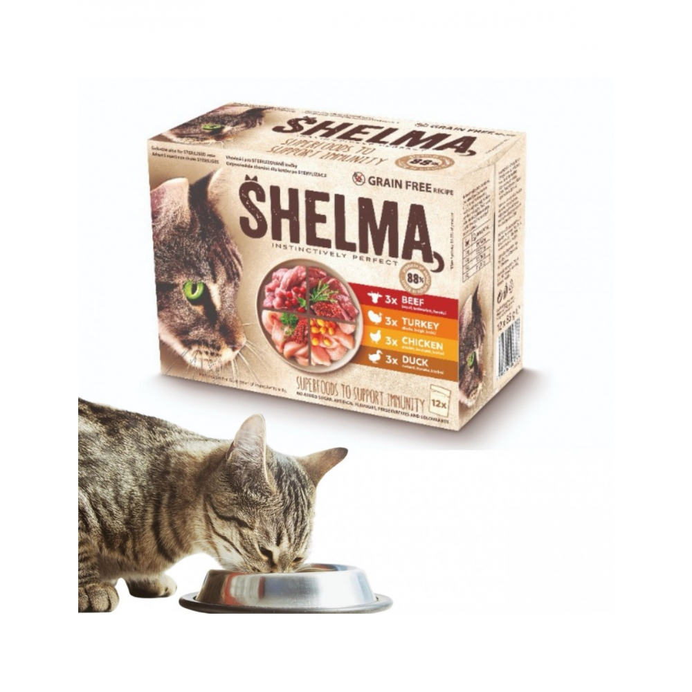 Shelma kapsička pre mačky 12x85g (kur-hov, kač-mor)