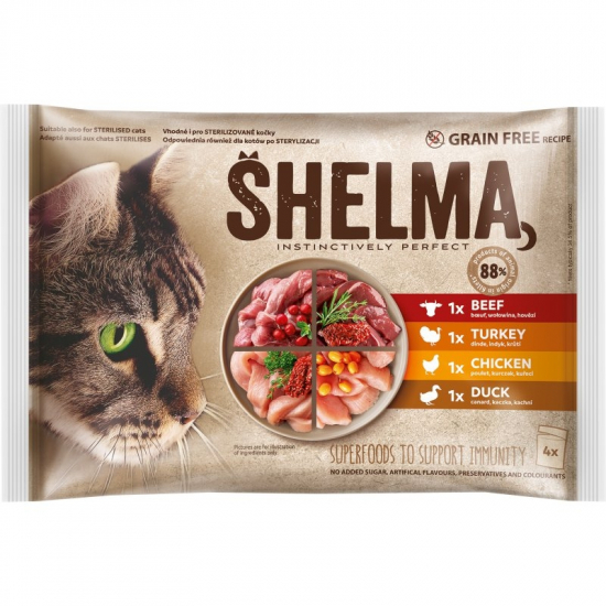 Shelma kapsička pre mačky 4x85g kur-hov, kač-mor