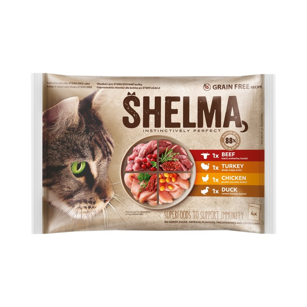 Shelma kapsička pre mačky 4x85g kur-hov, kač-mor