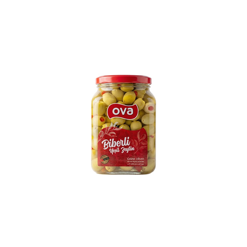 OVA Zelené olivy s červenou paprikou v slanom náleve 680g